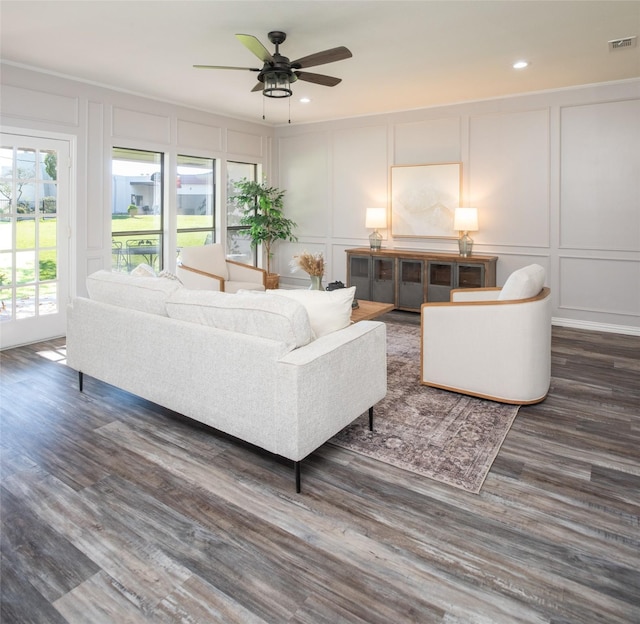 102 Camino Real W, Wylie, TX 75098 - living room featuring a decorative wall, a ceiling fan, wood finished floors, and recessed lighting