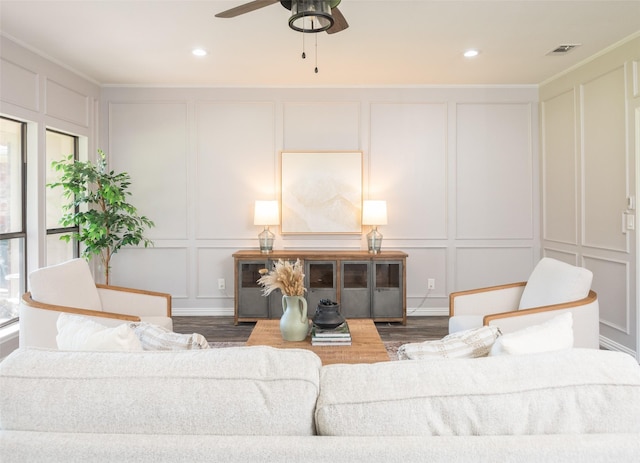 102 Camino Real W, Wylie, TX 75098 - living area with a decorative wall, wood finished floors, a ceiling fan, crown molding, and recessed lighting
