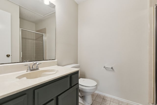 3516 Napolean Ct, Plano, TX 75023 - bathroom with a stall shower, toilet, tile patterned floors, vanity, and baseboards