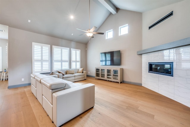 1930 Inwood Ln, Prosper, TX 75078 - living room featuring light wood-style floors, ceiling fan, beam ceiling, high vaulted ceiling, and a tiled fireplace