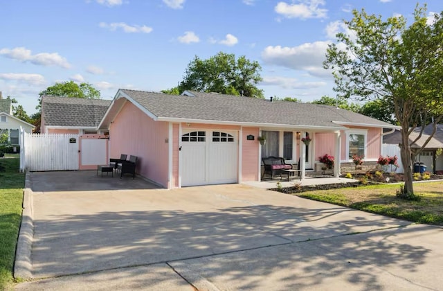 view of front facade with an attached garage, driveway, a gate, covered porch, and fence