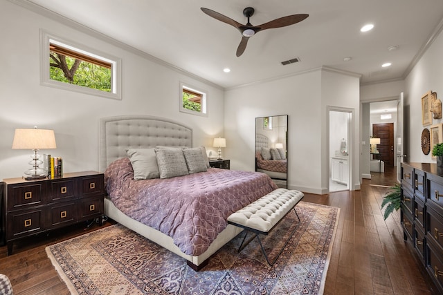 bedroom with crown molding, dark wood-type flooring, recessed lighting, baseboards, and ceiling fan