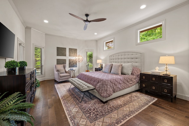 bedroom featuring ornamental molding, dark wood-style flooring, baseboards, recessed lighting, and ceiling fan