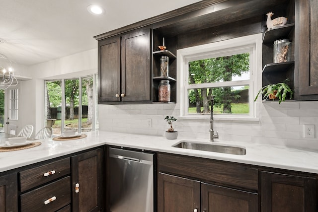 kitchen with open shelves, dishwasher, dark brown cabinets, a sink, and decorative backsplash