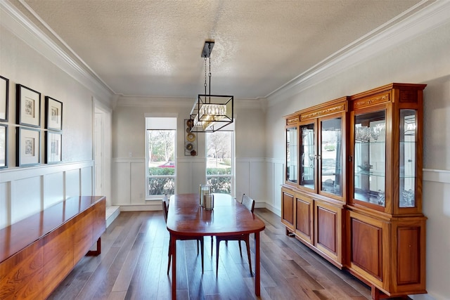 dining area featuring a textured ceiling, a chandelier, dark wood finished floors, ornamental molding, and a wainscoted wall