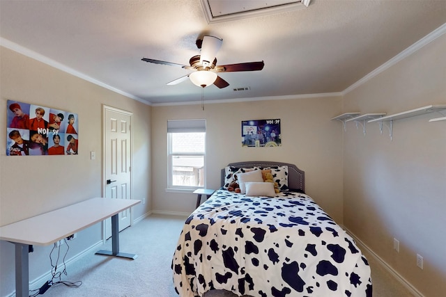 bedroom with light colored carpet, crown molding, baseboards, and a ceiling fan
