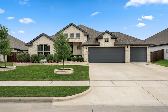 french provincial home with concrete driveway, an attached garage, brick siding, and roof with shingles