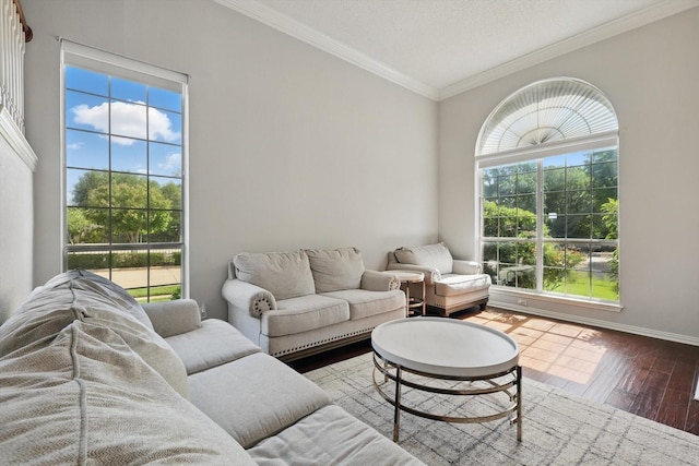 living room with wood finished floors, ornamental molding, and baseboards