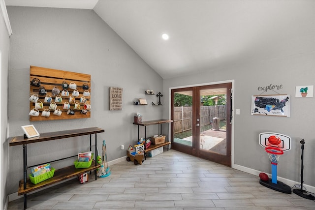 4677 Bracken Dr, Fort Worth, TX 76137 - doorway featuring french doors, baseboards, recessed lighting, wood finished floors, and high vaulted ceiling