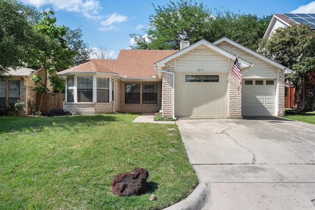 4677 Bracken Dr, Fort Worth, TX 76137 - view of front of house featuring concrete driveway, an attached garage, brick siding, a chimney, and a shingled roof