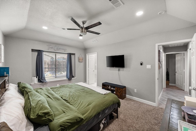 4677 Bracken Dr, Fort Worth, TX 76137 - carpeted bedroom with recessed lighting, ceiling fan, baseboards, vaulted ceiling, and a raised ceiling