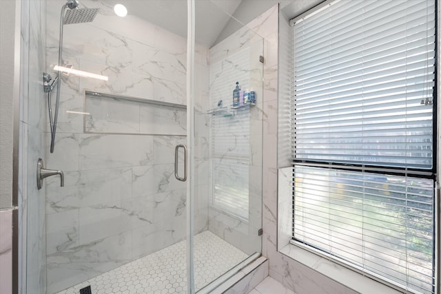 4677 Bracken Dr, Fort Worth, TX 76137 - full bathroom featuring a shower stall, plenty of natural light, and lofted ceiling