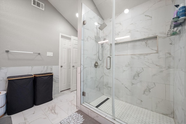 4677 Bracken Dr, Fort Worth, TX 76137 - bathroom with vaulted ceiling, a marble finish shower, and marble finish flooring