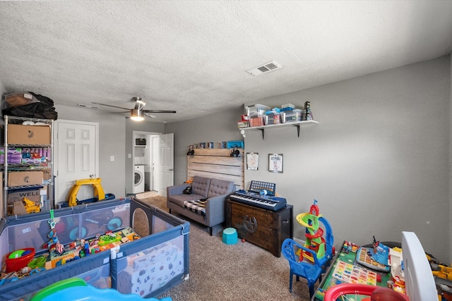 4677 Bracken Dr, Fort Worth, TX 76137 - rec room featuring carpet, a textured ceiling, and ceiling fan