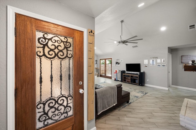 4677 Bracken Dr, Fort Worth, TX 76137 - foyer entrance featuring a ceiling fan, baseboards, and lofted ceiling