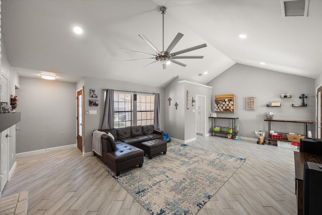 4677 Bracken Dr, Fort Worth, TX 76137 - living area with a ceiling fan, lofted ceiling, light wood-style floors, baseboards, and recessed lighting