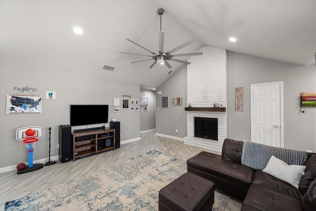 4677 Bracken Dr, Fort Worth, TX 76137 - living area with a ceiling fan, wood finished floors, a fireplace, baseboards, and recessed lighting