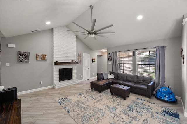 4677 Bracken Dr, Fort Worth, TX 76137 - living area featuring ceiling fan, vaulted ceiling, baseboards, a fireplace, and wood finished floors