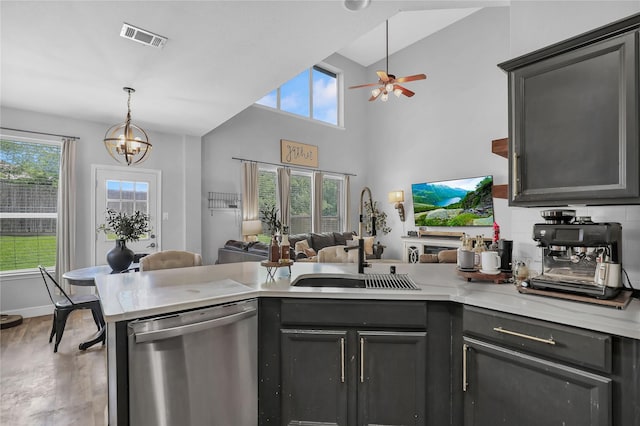 2812 Arabian Ln, Celina, TX 75009 - kitchen with stainless steel dishwasher, a sink, a peninsula, open floor plan, and plenty of natural light
