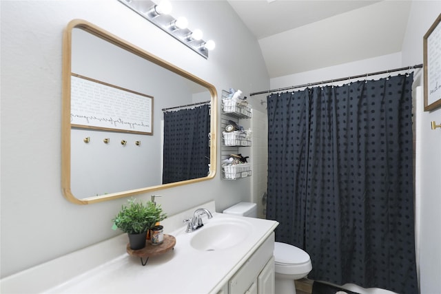 2812 Arabian Ln, Celina, TX 75009 - bathroom featuring toilet, vanity, vaulted ceiling, and curtained shower