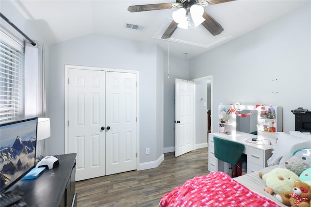 2812 Arabian Ln, Celina, TX 75009 - bedroom featuring attic access, wood finished floors, a closet, vaulted ceiling, and ceiling fan