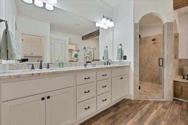 164 Vz County Road 2433, Canton, TX 75103 - full bath with crown molding, a stall shower, double vanity, and wood finished floors