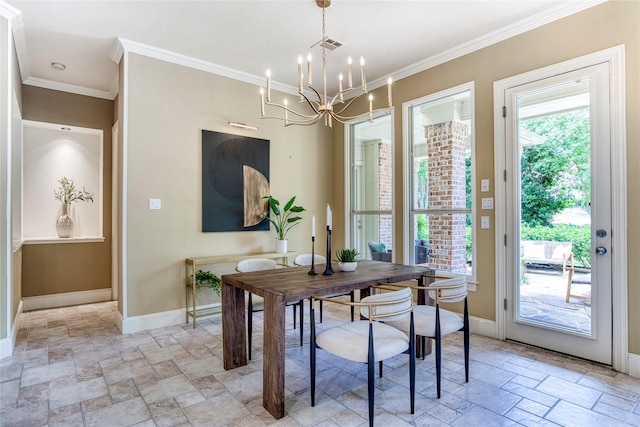 1900 Pembroke Ln, Mckinney, TX 75072 - dining room featuring stone tile flooring, baseboards, a chandelier, and ornamental molding