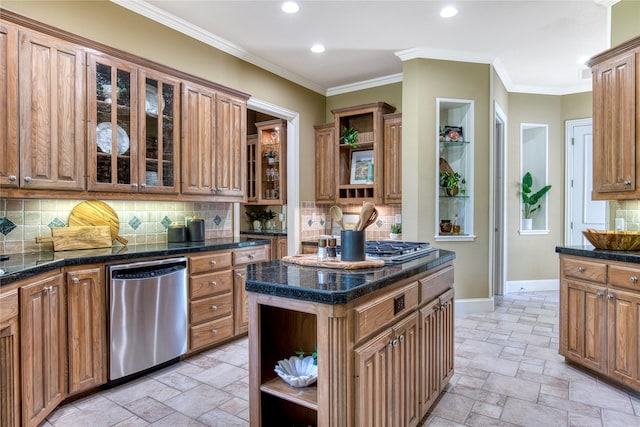 1900 Pembroke Ln, Mckinney, TX 75072 - kitchen featuring open shelves, stainless steel dishwasher, stone tile floors, recessed lighting, and baseboards