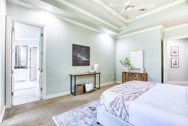1900 Pembroke Ln, Mckinney, TX 75072 - carpeted bedroom featuring crown molding, connected bathroom, baseboards, and ceiling fan