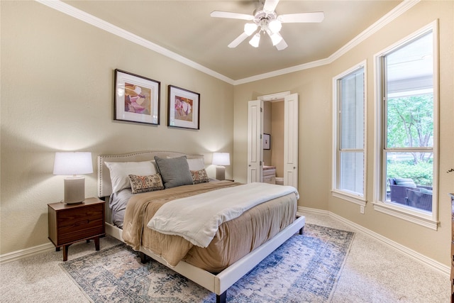 1900 Pembroke Ln, Mckinney, TX 75072 - bedroom with carpet floors, ornamental molding, baseboards, ensuite bathroom, and a ceiling fan