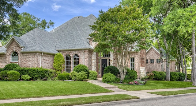 1900 Pembroke Ln, Mckinney, TX 75072 - french country home with brick siding, a front lawn, and a shingled roof
