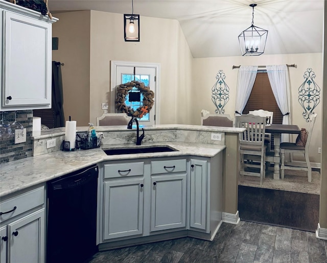 10159 English Oaks Dr, Keithville, LA 71047 - kitchen featuring black dishwasher, a sink, a peninsula, a chandelier, and tasteful backsplash