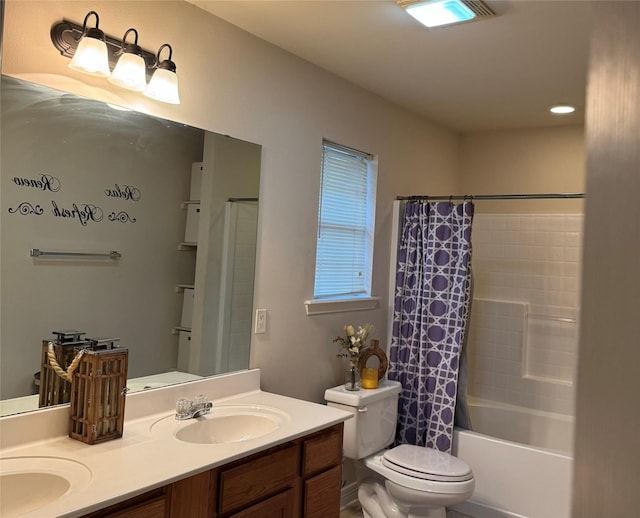 10159 English Oaks Dr, Keithville, LA 71047 - bathroom featuring toilet, double vanity, shower / bathtub combination with curtain, and recessed lighting