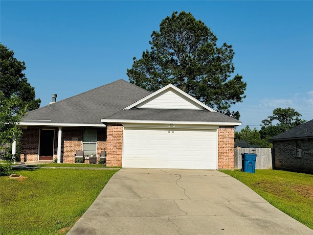 10159 English Oaks Dr, Keithville, LA 71047 - single story home with a front yard, brick siding, a garage, driveway, and a shingled roof