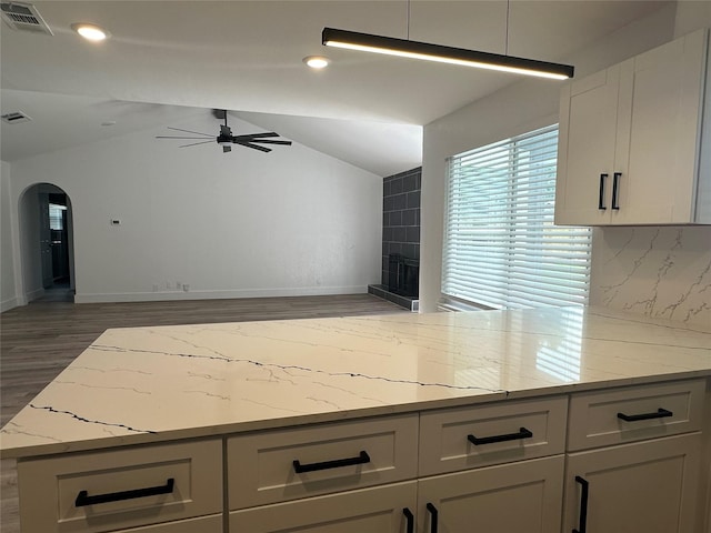 7501 Echo Hill Dr, Watauga, TX 76148 - kitchen with a ceiling fan, open floor plan, wood finished floors, vaulted ceiling, and white cabinetry