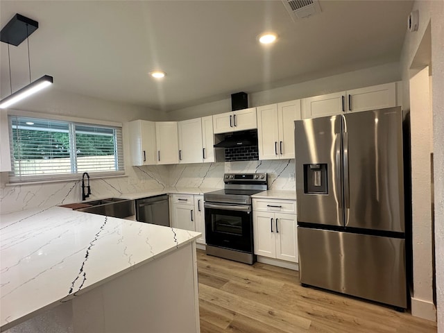 7501 Echo Hill Dr, Watauga, TX 76148 - kitchen featuring appliances with stainless steel finishes, light stone countertops, white cabinetry, light wood-style flooring, and backsplash