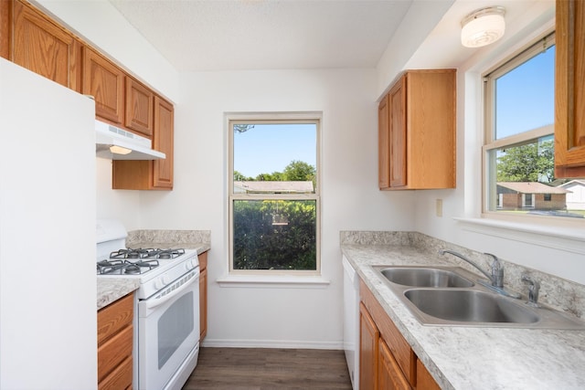 921 Meadow Mead Dr, Allen, TX 75002 - kitchen featuring white appliances, under cabinet range hood, a sink, light countertops, and dark wood-type flooring
