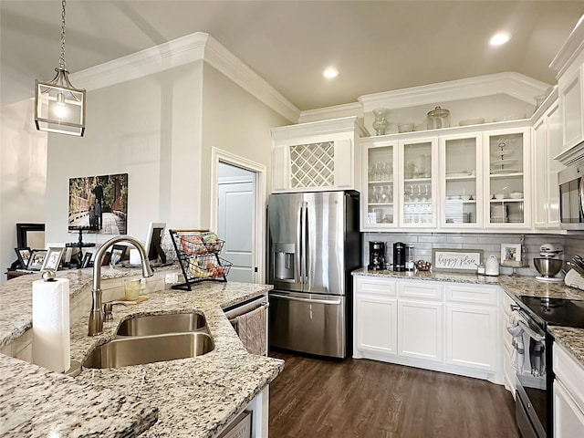 7415 Morning Glory Rd, Abilene, TX 79602 - kitchen featuring stainless steel fridge with ice dispenser, black range with electric cooktop, a sink, white cabinetry, and crown molding