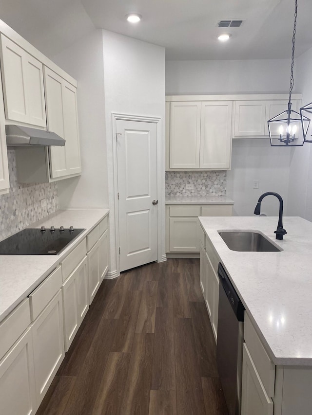 1613 Pine Valley Dr, Fort Worth, TX 76052 - kitchen featuring a sink, black electric cooktop, under cabinet range hood, dishwasher, and dark wood finished floors