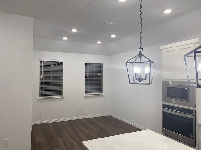 1613 Pine Valley Dr, Fort Worth, TX 76052 - unfurnished dining area featuring dark wood-style floors, recessed lighting, baseboards, and a chandelier