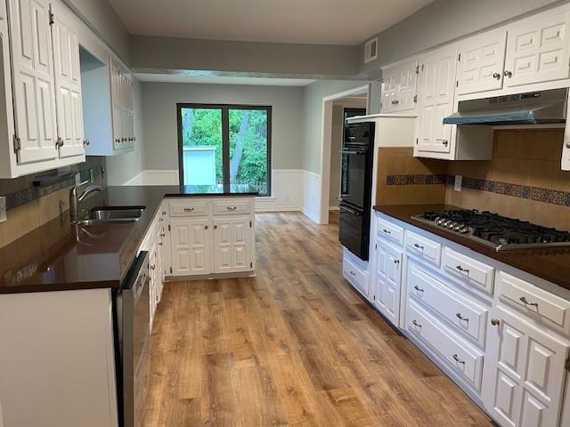 1942 S Lakeshore, Rockwall, TX 75087 - kitchen featuring dark countertops, under cabinet range hood, appliances with stainless steel finishes, white cabinetry, and wainscoting