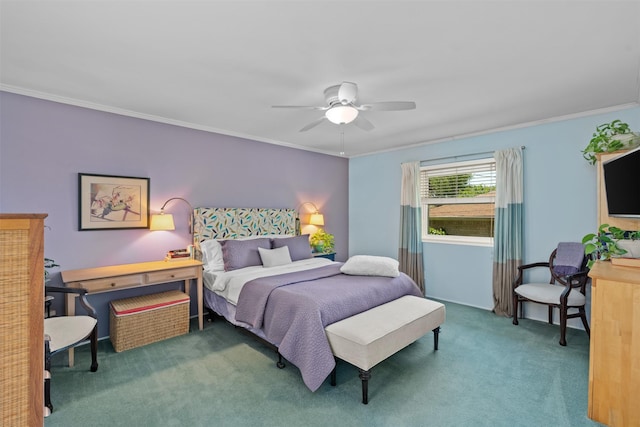 bedroom with carpet floors, ornamental molding, and a ceiling fan