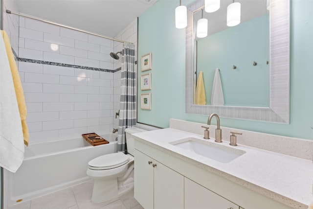 bathroom featuring tile patterned flooring, toilet, shower / bathtub combination with curtain, and vanity