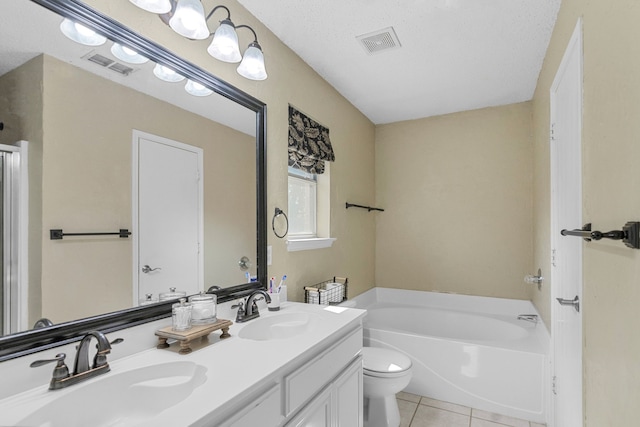 full bath featuring tile patterned floors, a bath, toilet, and double vanity