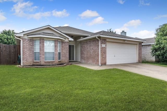 ranch-style house with brick siding, concrete driveway, an attached garage, a chimney, and roof with shingles