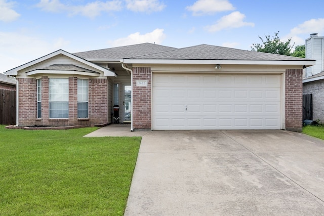 ranch-style house with concrete driveway, brick siding, an attached garage, and a shingled roof