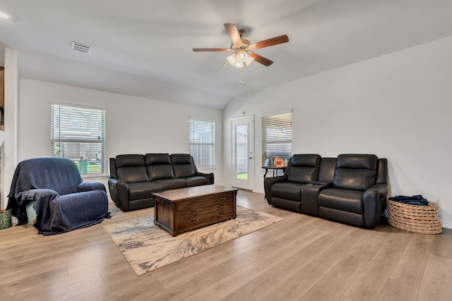 3204 Peacock Ln, Celina, TX 75009 - living area featuring a ceiling fan, healthy amount of natural light, light wood-type flooring, and vaulted ceiling
