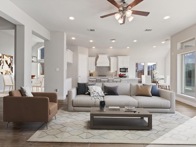 1423 Daisy Corner Dr, Celina, TX 75078 - living area featuring ceiling fan, light wood finished floors, recessed lighting, and baseboards