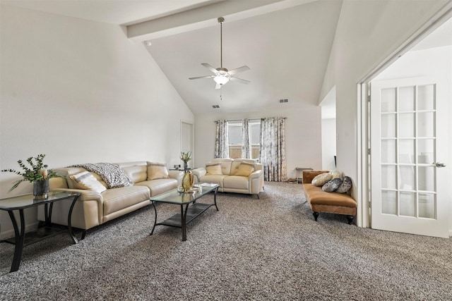 13713 Beaverhead St, Ponder, TX 76259 - living area featuring carpet flooring, a ceiling fan, high vaulted ceiling, and beamed ceiling