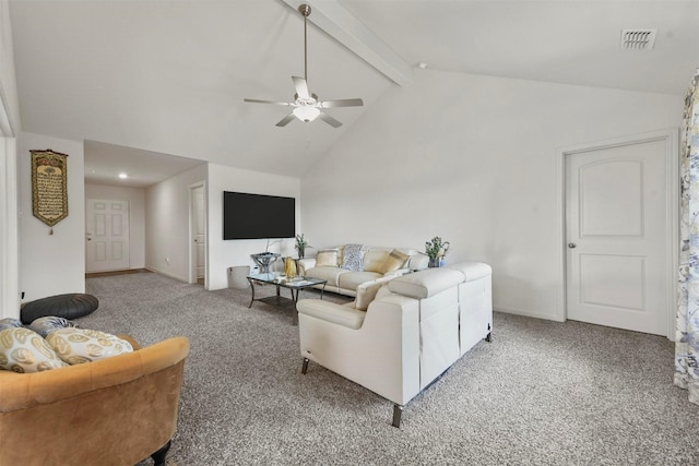 13713 Beaverhead St, Ponder, TX 76259 - carpeted living room with a ceiling fan, beamed ceiling, and high vaulted ceiling